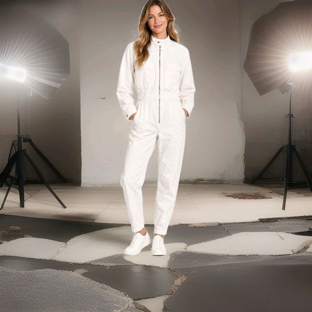 MNG Denim Women's White Denim Cotton Zip Front Collared Jumpsuit Pockets Large